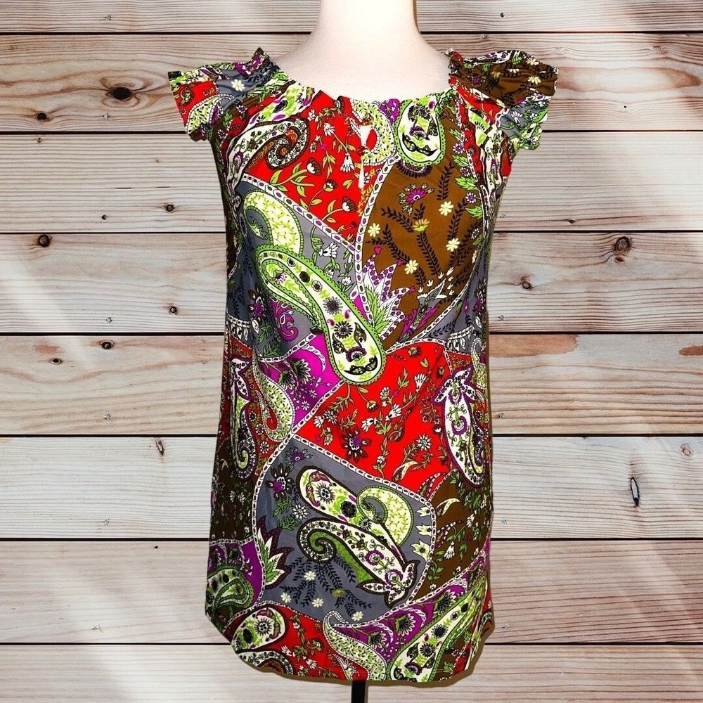 T2 Jude Connally Dress women's tunic XS‎ print pattern ruffle sleeve